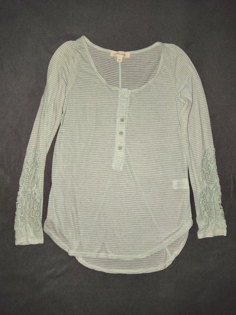 Mint Striped Henley with Lace Sleeve Accents